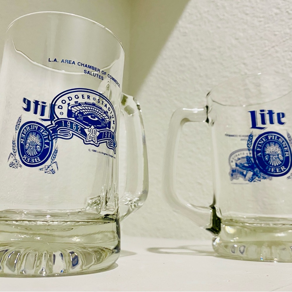 Set of 2 1987 Miller Lite Dodger Stadium 25th anniversary Glass Beer Mugs